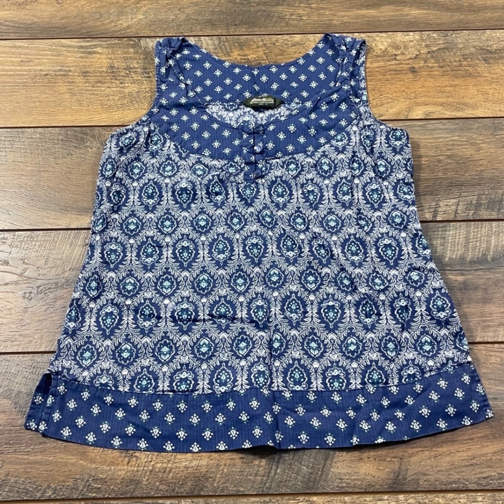 Eddie Bauer Womens XS Blue White Paisley Floral Cotton Sleeveless Blouse Top